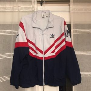 Men’s Vintage Adidas windbreaker Size Large Grey Blue Red Stripes